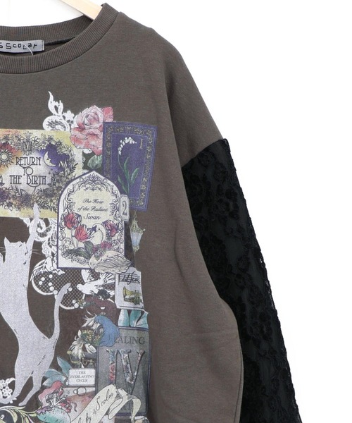 iS ScoLar(イズスカラー)の「563229:黒猫コラージュ柄 袖レース重ねプルオーバー(Tシャツ/カットソー・レディース・オートミール/チャコールグレー/ブラウン・M)」の19枚目の写真