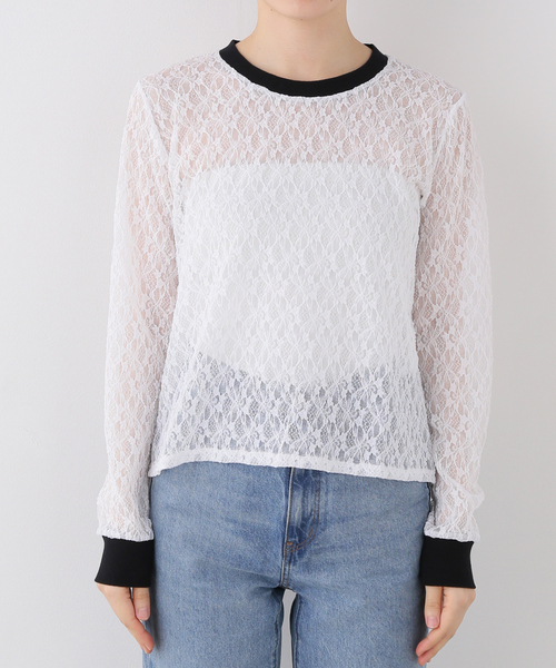 nap（ナップ）の「nap/ナップ Contrast Lace Crew Top  5641004 【手洗い可能】（Tシャツ/カットソー・レディース・ホワイト/ブラック・FREE）」の2枚目の写真