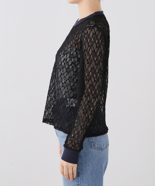nap（ナップ）の「nap/ナップ Contrast Lace Crew Top  5641004 【手洗い可能】（Tシャツ/カットソー・レディース・ホワイト/ブラック・FREE）」の3枚目の写真