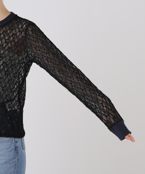 nap（ナップ）の「nap/ナップ Contrast Lace Crew Top  5641004 【手洗い可能】（Tシャツ/カットソー・レディース・ホワイト/ブラック・FREE）」の5枚目の写真