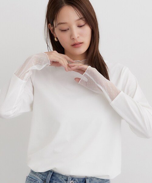 THE SHOP TK (ザ ショップ ティーケー )の「チュールドット切替カットソー(Tシャツ/カットソー・レディース・オフホワイト/ダークブラウン/ブラック・12/13)」の1枚目の写真