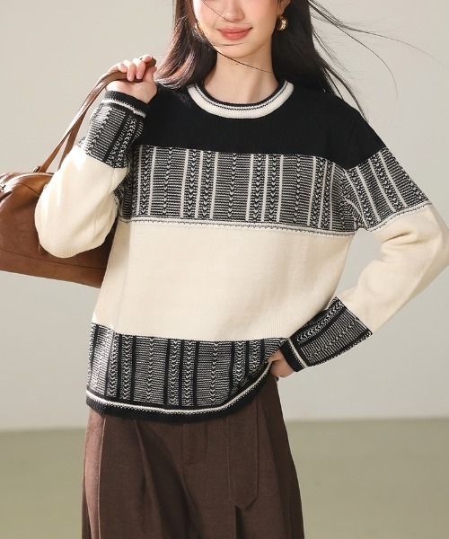 LUCPY(ラクピー)の「配色ジャガード柄クルーネックニットプルオーバー(その他トップス・レディース・ブラック・SMALL/X-LARGE/LARGE/MEDIUM)」の3枚目の写真
