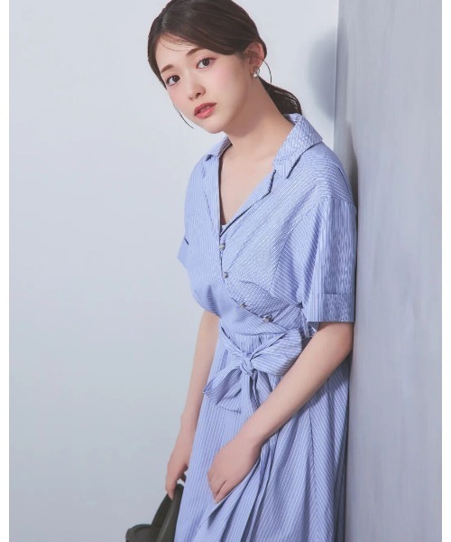 LANTINAM（ランティナム）の「オープカラーシャツワンピース／ウエストリボン × インナーペチコート付き（ワンピース・レディース・ストライプ/ドット・FREE）」の4枚目の写真