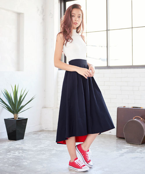 アシンメトリーヘムミディ丈バイカラーチノフレアスカート/レディース