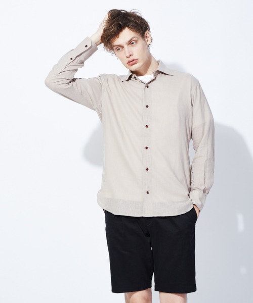 ABAHOUSE（アバハウス）の「フレンチリネンワイドカラーシャツ（シャツ/ブラウス・メンズ・ホワイト/ラベンダー/イエロー/グリーン/ネイビー/ダークオレンジ/ベージュ/サックスブルー/ブルー/ブラック/ブラウン・44/46/48/50）」の5枚目の写真