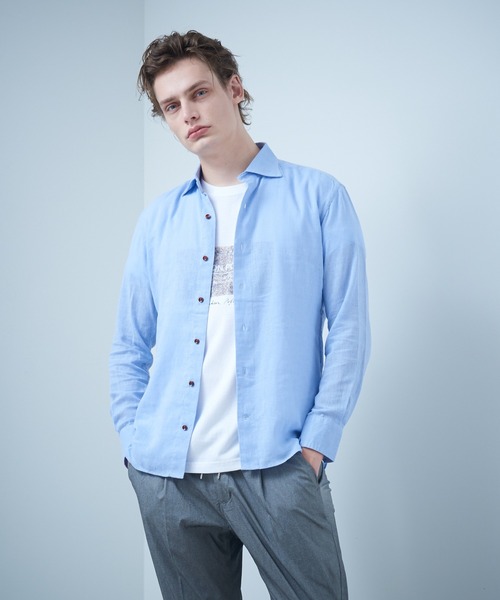 ABAHOUSE（アバハウス）の「フレンチリネンワイドカラーシャツ（シャツ/ブラウス・メンズ・ホワイト/ラベンダー/イエロー/グリーン/ネイビー/ダークオレンジ/ベージュ/サックスブルー/ブルー/ブラック/ブラウン・44/46/48/50）」の8枚目の写真