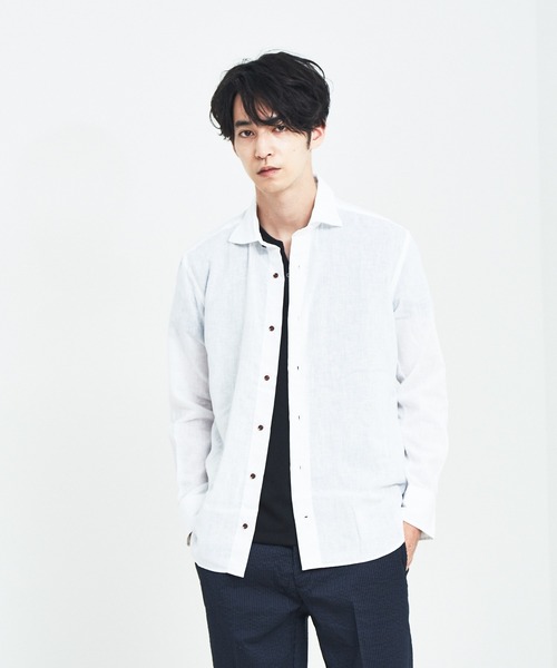 ABAHOUSE（アバハウス）の「フレンチリネンワイドカラーシャツ（シャツ/ブラウス・メンズ・ホワイト/ラベンダー/イエロー/グリーン/ネイビー/ダークオレンジ/ベージュ/サックスブルー/ブルー/ブラック/ブラウン・44/46/48/50）」の22枚目の写真