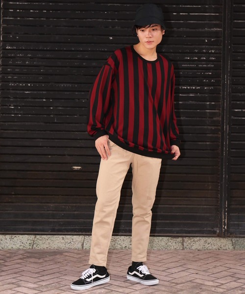 セール トップス ビッグシルエット ストライプ柄 ストライプ柄 ポンチ素材 ポンチ素材 トレーナー トップス スウェット Revertical リバーティカル のファッション