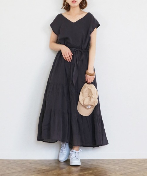 Monocoro toppi(モノコロトッピ)の「夏のコットン ティアードワンピース(ワンピース・レディース・ライトグリーン/チャコール/パープル/ピンク/モカ・M)」の2枚目の写真