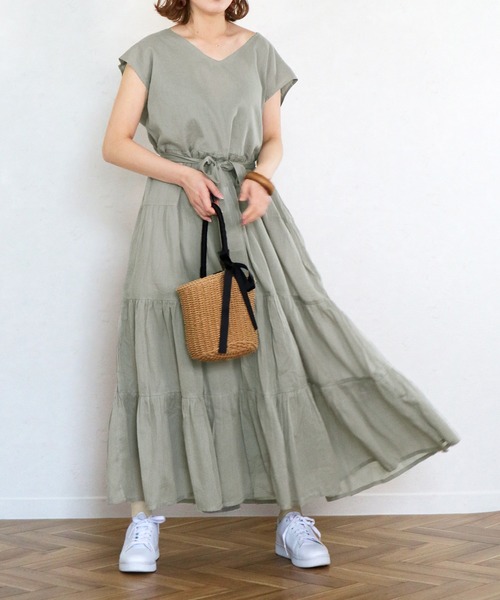 Monocoro toppi(モノコロトッピ)の「夏のコットン ティアードワンピース(ワンピース・レディース・ライトグリーン/チャコール/パープル/ピンク/モカ・M)」の17枚目の写真