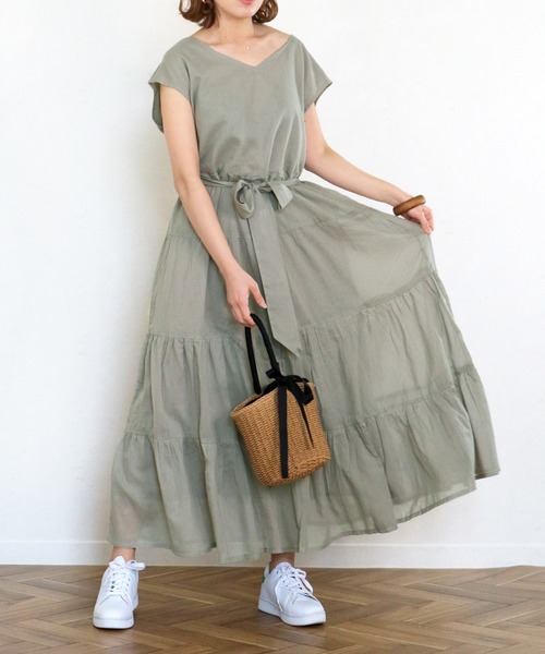 Monocoro toppi(モノコロトッピ)の「夏のコットン ティアードワンピース(ワンピース・レディース・ライトグリーン/チャコール/パープル/ピンク/モカ・M)」の16枚目の写真