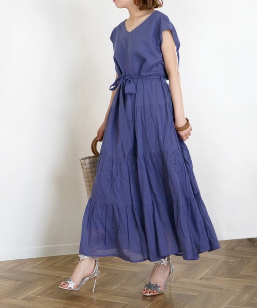 Monocoro toppi(モノコロトッピ)の「夏のコットン ティアードワンピース(ワンピース・レディース・ライトグリーン/チャコール/パープル/ピンク/モカ・M)」の12枚目の写真