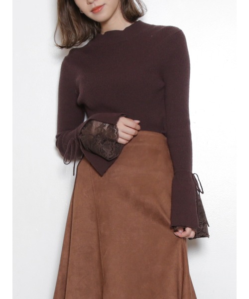 dazzlin(ダズリン)の「ヘムレースフレアニットトップス(ニット/セーター・レディース・ブラウン/オフホワイト/その他1/ブラック/ピンク/ベージュ・FREE)」の4枚目の写真