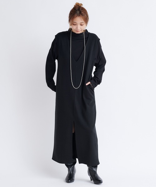 DouDou（ドゥドゥ）の「Vネックポンチジャンスカ（ワンピース・レディース・ブラック/オフホワイト・FREE）」の14枚目の写真