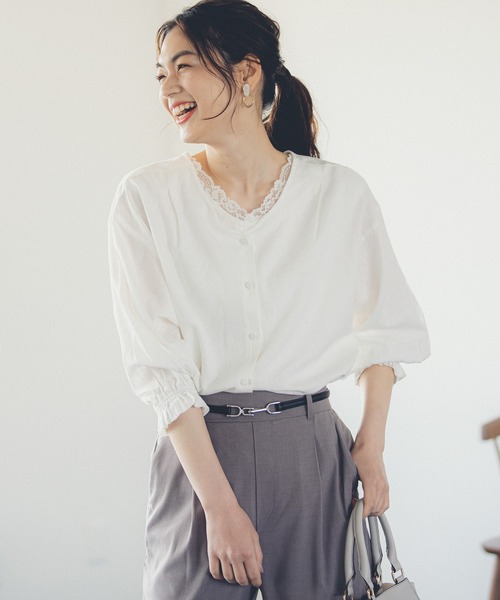 GLOBAL WORK(グローバルワーク)の「フレンチリネン混/3WAYブラウス/929650(シャツ/ブラウス・レディース・オフホワイト/ホワイト×ネイビー/ブラック/ライトベージュ/グリーン・MEDIUM/LARGE)」の2枚目の写真