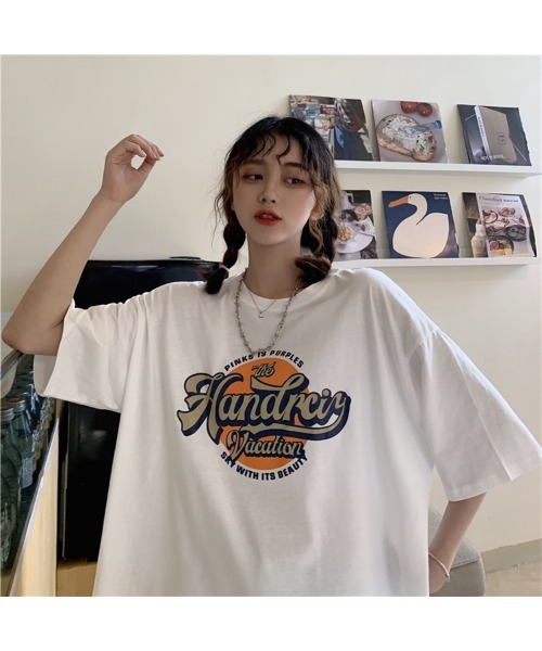 韓国ファッション●ロゴTシャツ●2色●追跡送料込 セール】ビッグシルエット サークル カレッジロゴ 韓国
