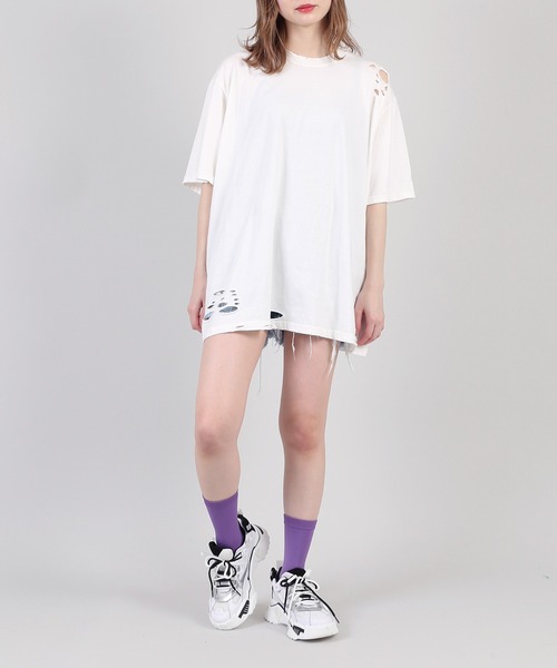 PUNYUS（プニュズ）の「クラッシュＴシャツ（Tシャツ/カットソー・レディース・ホワイト/ブラック/グリーン・3/4）」の4枚目の写真