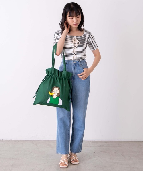 WEGO GRAPHICS(ウィゴーグラフィックス)の「∴WEGO/mokaコラボ巾着トート(トートバッグ・メンズ・ホワイト/グリーン・FREE)」の9枚目の写真