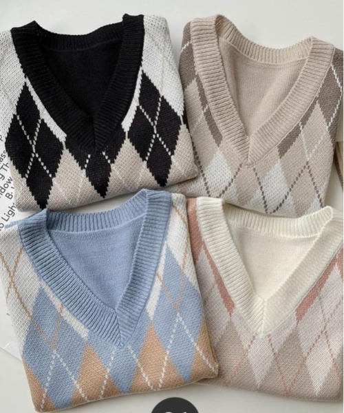 SONA（ソナ）の「SONYUNARA Vネックアーガイルニットベスト（ベスト・レディース・スカイブルー/ブラック/ベージュ/アイボリー・FREE）」の9枚目の写真