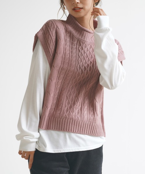 rps(アールピーエス)の「ロールネックケーブルニットベストアンサンブル(ベスト・レディース・グレイッシュベージュ/グリーン/アイボリー/ピンク/チャコールグレー/カーキ・M/フリー)」の6枚目の写真