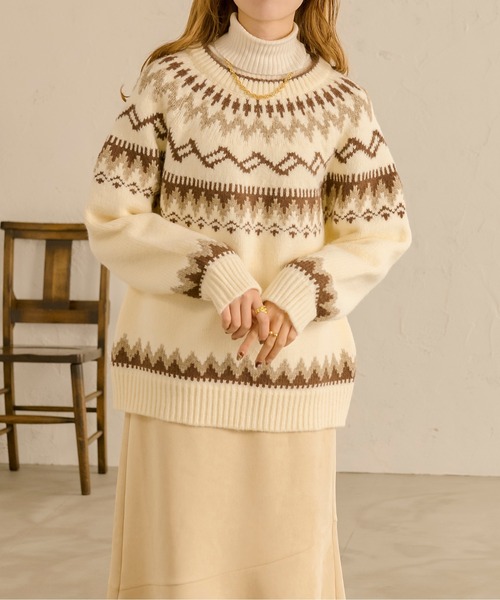 Ambre Neige(アンブルネージュ)の「ノルディック柄ニット/【WEB/EC限定商品】(ニット/セーター・レディース・ダークブラウン/アイボリー・FREE)」の3枚目の写真