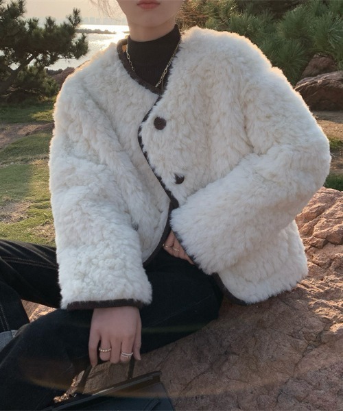 aimoha（アイモハ）の「ボアノーカラージャケット（ノーカラージャケット・レディース・ブラウン/オフホワイト/ブルー・FREE）」の2枚目の写真