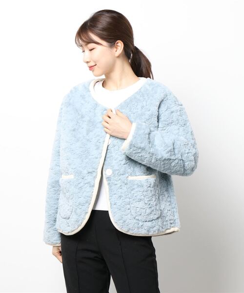 aimoha（アイモハ）の「ボアノーカラージャケット（ノーカラージャケット・レディース・ブラウン/オフホワイト/ブルー・FREE）」の9枚目の写真