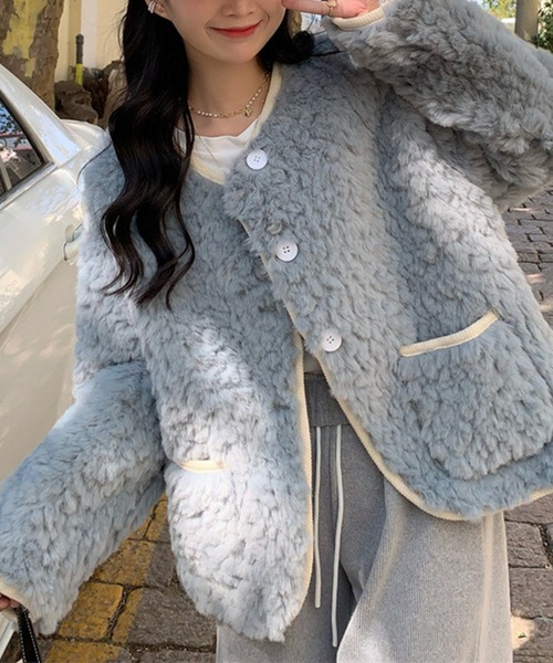 aimoha（アイモハ）の「ボアノーカラージャケット（ノーカラージャケット・レディース・ブラウン/オフホワイト/ブルー・FREE）」の16枚目の写真