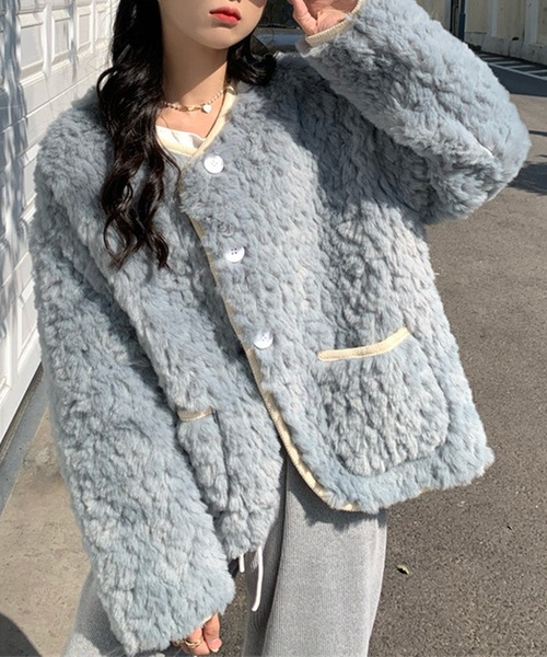 aimoha（アイモハ）の「ボアノーカラージャケット（ノーカラージャケット・レディース・ブラウン/オフホワイト/ブルー・FREE）」の17枚目の写真