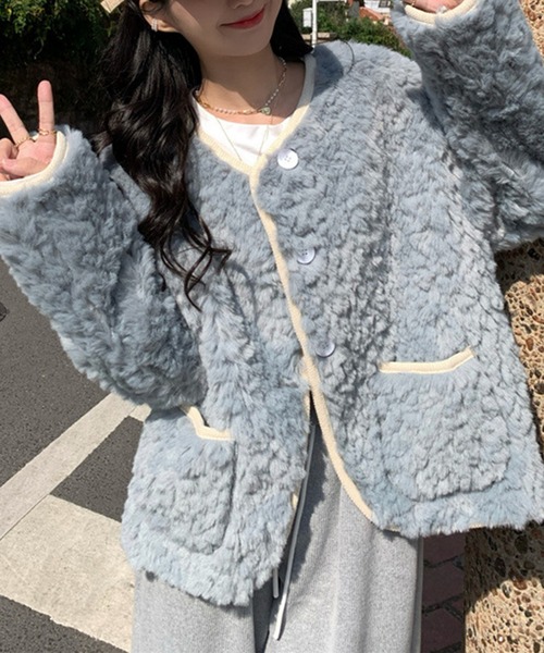 aimoha（アイモハ）の「ボアノーカラージャケット（ノーカラージャケット・レディース・ブラウン/オフホワイト/ブルー・FREE）」の20枚目の写真