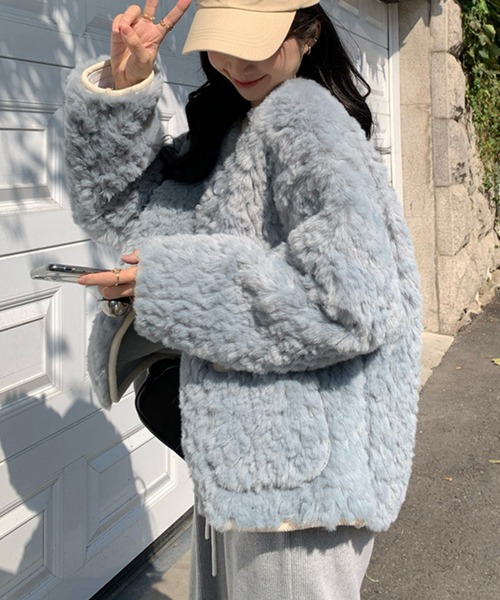 aimoha（アイモハ）の「ボアノーカラージャケット（ノーカラージャケット・レディース・ブラウン/オフホワイト/ブルー・FREE）」の21枚目の写真