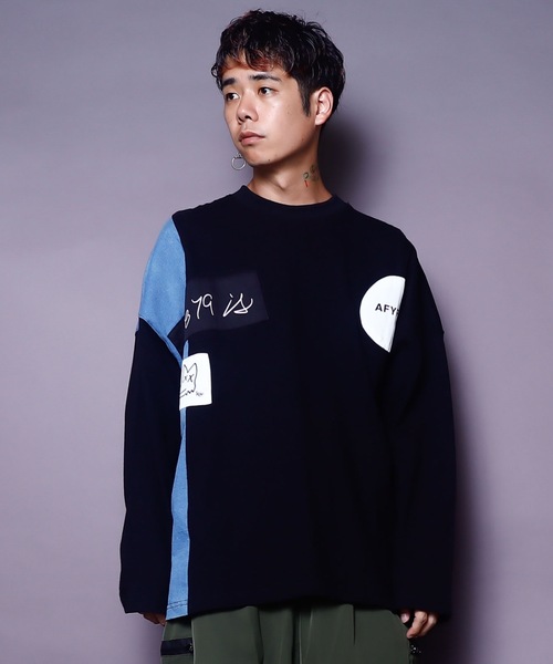 AFYF(エーエフワイエフ)の「AFYFDENIM MIX LST/ビッグシルエット デニムミックス オーバーサイズ ロンT(Tシャツ/カットソー・メンズ・ブラック/オフホワイト/インディゴブルー・FREE)」の12枚目の写真