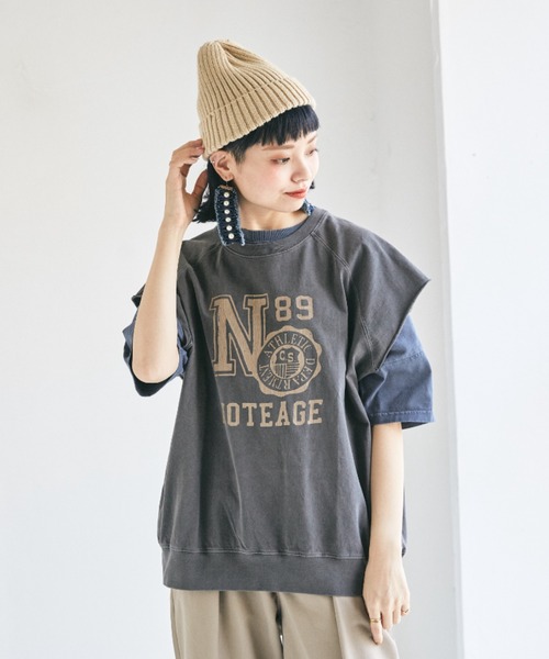 CUBE SUGAR（キューブシュガー）の「ピグメントカットオフグラフィックカレッジロゴベスト（Tシャツ/カットソー・レディース・チャコールグレー/ネイビー/マスタード/ピンク・M）」の2枚目の写真