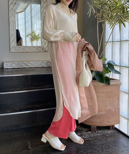 AS KNOW AS PINKY(アズノゥアズピンキー)の「そよ風のシアーシャツワンピース(シャツワンピース・レディース・オフホワイト/ブラック/ベージュ・FREE)」の1枚目の写真