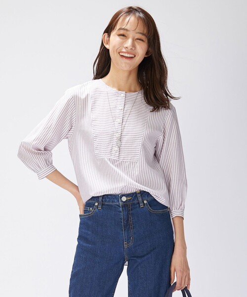 J.PRESS(ジェイプレス)の「【洗える・接触冷感】C/アセVISストライプ チュニック ブラウス(シャツ/ブラウス・レディース・ベージュ系/ネイビー系/ふじ色系・T13/T15)」の3枚目の写真