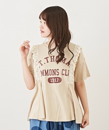 CUBE SUGAR（キューブシュガー）の「天竺カットソーレースパウダー半袖フレアロゴTシャツ（Tシャツ/カットソー）」