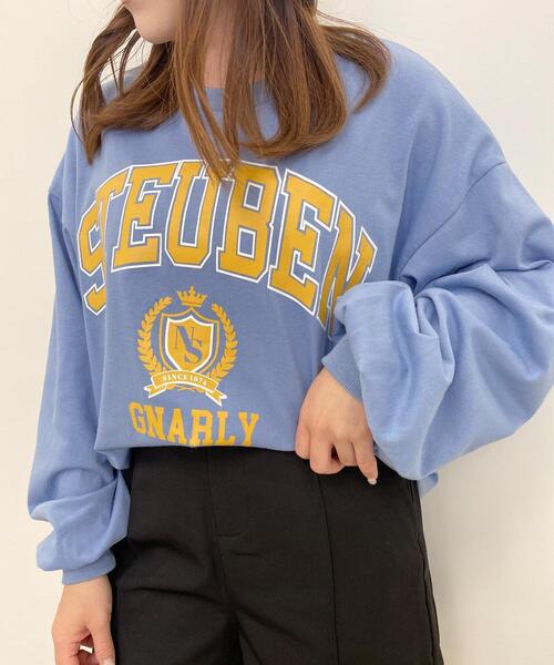 INGNI（イング）の「エンブレムカレッジロゴロングTシャツ（Tシャツ/カットソー・レディース・ブルー/ホワイト×グリーン/ホワイト×ブルー/オートミール・M）」の4枚目の写真