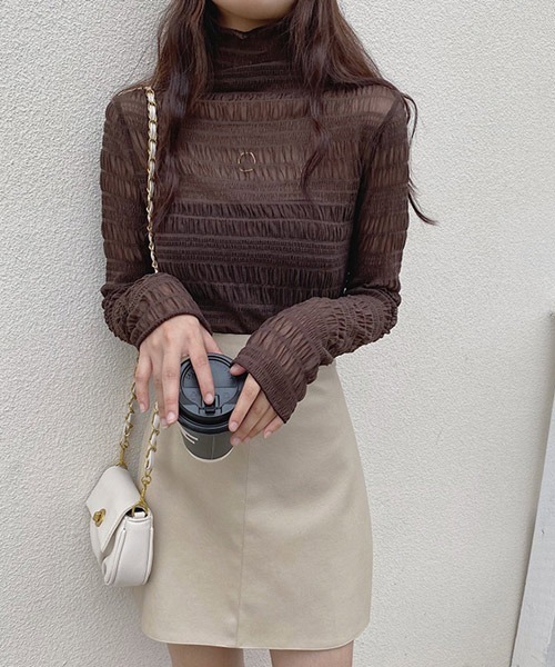 i-dare（アイディア）の「【i-dare】ハイネック シャーリング シアー ブラウス（シャツ/ブラウス・レディース・ブラック/ホワイト/カーキ/ダークブラウン/アイボリー/チャコールグレー・FREE）」の5枚目の写真