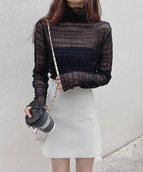 i-dare（アイディア）の「【i-dare】ハイネック シャーリング シアー ブラウス（シャツ/ブラウス・レディース・ブラック/ホワイト/カーキ/ダークブラウン/アイボリー/チャコールグレー・FREE）」の3枚目の写真