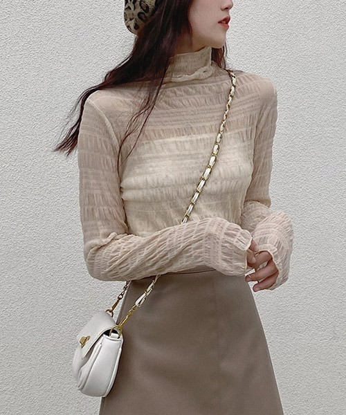 i-dare（アイディア）の「【i-dare】ハイネック シャーリング シアー ブラウス（シャツ/ブラウス・レディース・ブラック/ホワイト/カーキ/ダークブラウン/アイボリー/チャコールグレー・FREE）」の20枚目の写真