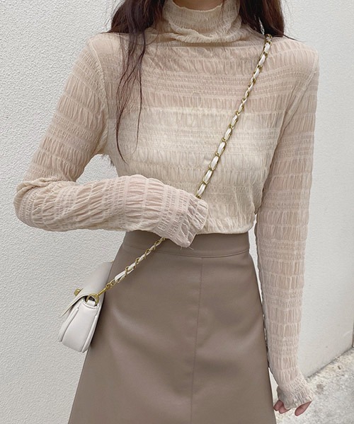 i-dare（アイディア）の「【i-dare】ハイネック シャーリング シアー ブラウス（シャツ/ブラウス・レディース・ブラック/ホワイト/カーキ/ダークブラウン/アイボリー/チャコールグレー・FREE）」の19枚目の写真