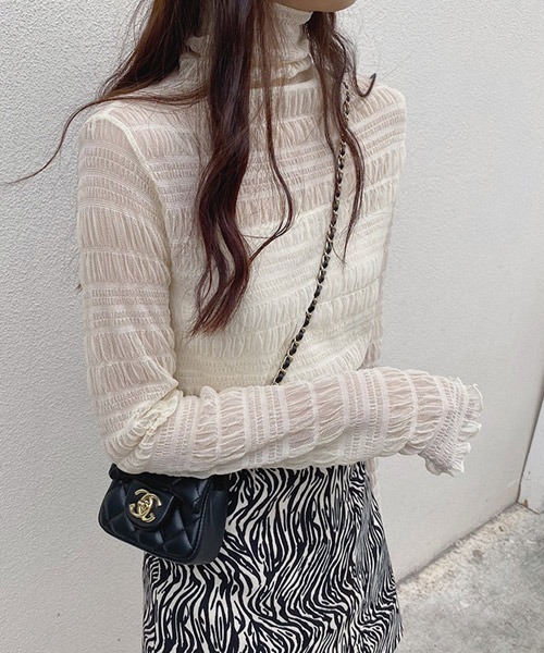 i-dare（アイディア）の「【i-dare】ハイネック シャーリング シアー ブラウス（シャツ/ブラウス・レディース・ブラック/ホワイト/カーキ/ダークブラウン/アイボリー/チャコールグレー・FREE）」の15枚目の写真