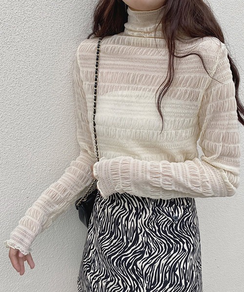 i-dare（アイディア）の「【i-dare】ハイネック シャーリング シアー ブラウス（シャツ/ブラウス・レディース・ブラック/ホワイト/カーキ/ダークブラウン/アイボリー/チャコールグレー・FREE）」の16枚目の写真