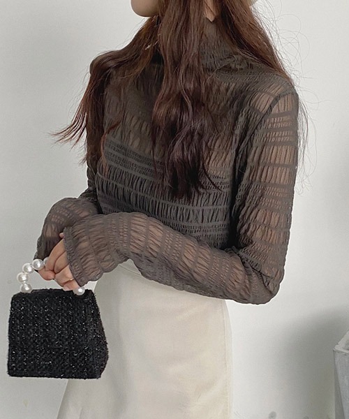 i-dare（アイディア）の「【i-dare】ハイネック シャーリング シアー ブラウス（シャツ/ブラウス・レディース・ブラック/ホワイト/カーキ/ダークブラウン/アイボリー/チャコールグレー・FREE）」の13枚目の写真