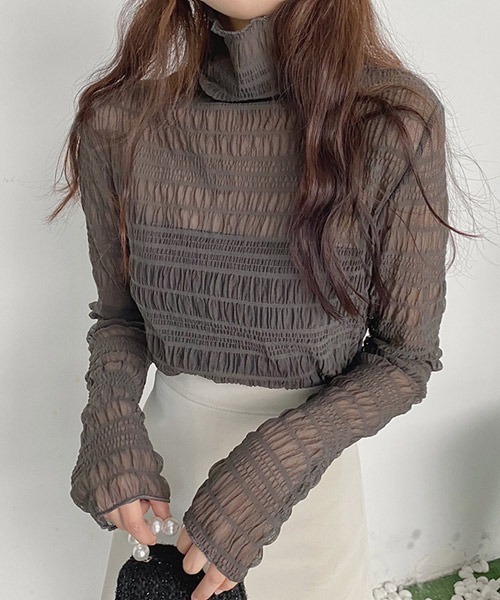 i-dare（アイディア）の「【i-dare】ハイネック シャーリング シアー ブラウス（シャツ/ブラウス・レディース・ブラック/ホワイト/カーキ/ダークブラウン/アイボリー/チャコールグレー・FREE）」の12枚目の写真