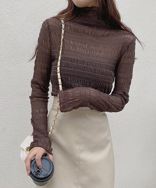 i-dare（アイディア）の「【i-dare】ハイネック シャーリング シアー ブラウス（シャツ/ブラウス・レディース・ブラック/ホワイト/カーキ/ダークブラウン/アイボリー/チャコールグレー・FREE）」の10枚目の写真