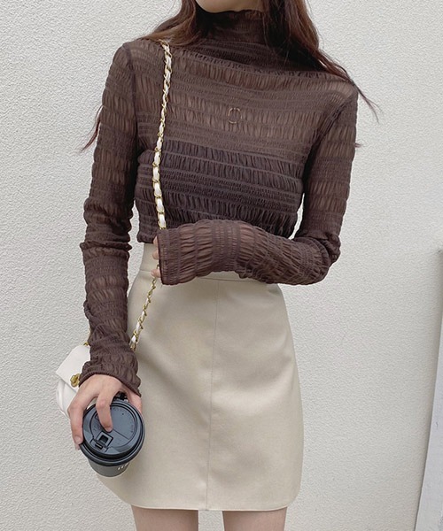 i-dare（アイディア）の「【i-dare】ハイネック シャーリング シアー ブラウス（シャツ/ブラウス・レディース・ブラック/ホワイト/カーキ/ダークブラウン/アイボリー/チャコールグレー・FREE）」の9枚目の写真