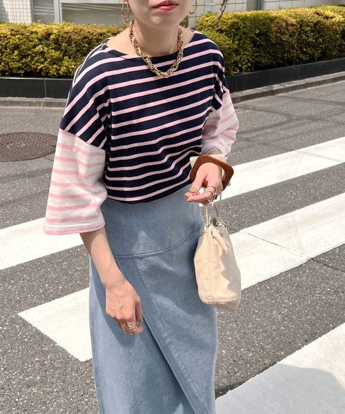 Doux archives（ドゥアルシーヴ）の「［ｗｅｂ限定］クレイジー切替バスクボーダーシャツ（Tシャツ/カットソー・レディース・ネイビー/グレー/グリーン/イエロー/ピンク・FREE）」の4枚目の写真