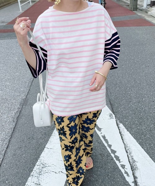 Doux archives（ドゥアルシーヴ）の「［ｗｅｂ限定］クレイジー切替バスクボーダーシャツ（Tシャツ/カットソー・レディース・ネイビー/グレー/グリーン/イエロー/ピンク・FREE）」の13枚目の写真