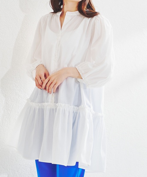 acro（アクロ）の「ボリューム袖ティアードチュニック/AC1400（ワンピース・レディース・ホワイト/ライトブルー/イエロー・ﾌﾘ-）」の9枚目の写真